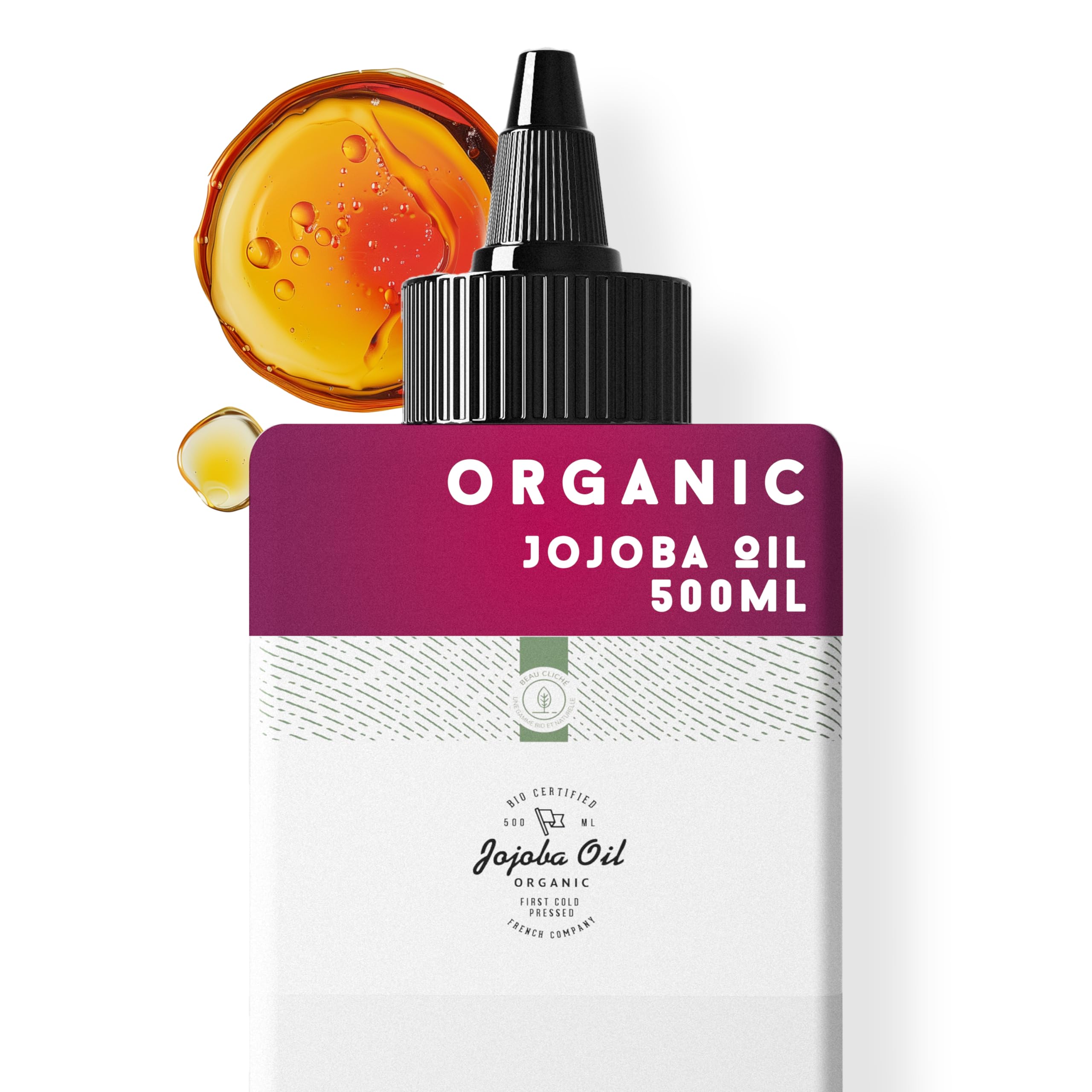 500ml Organic Jojoba Oil, Cold-Pressed, Pure - 100% Natural Care for Skin, Hair, Beard - Vegetable Plastic Bottle - Bottled in France