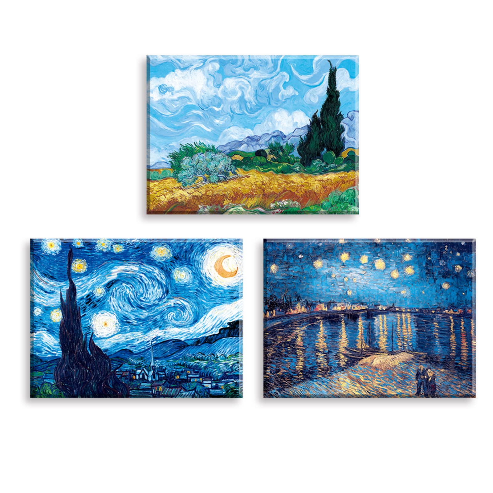 Piy Painting Set Of 3 Starry Night Canvas Art Prints Famous Oil Painting Reproduction Wheat Field With Cypress Framed wall art Night Sky Over The Rhone Landscape Picture For Home Office Decor 16x12in — image 1
