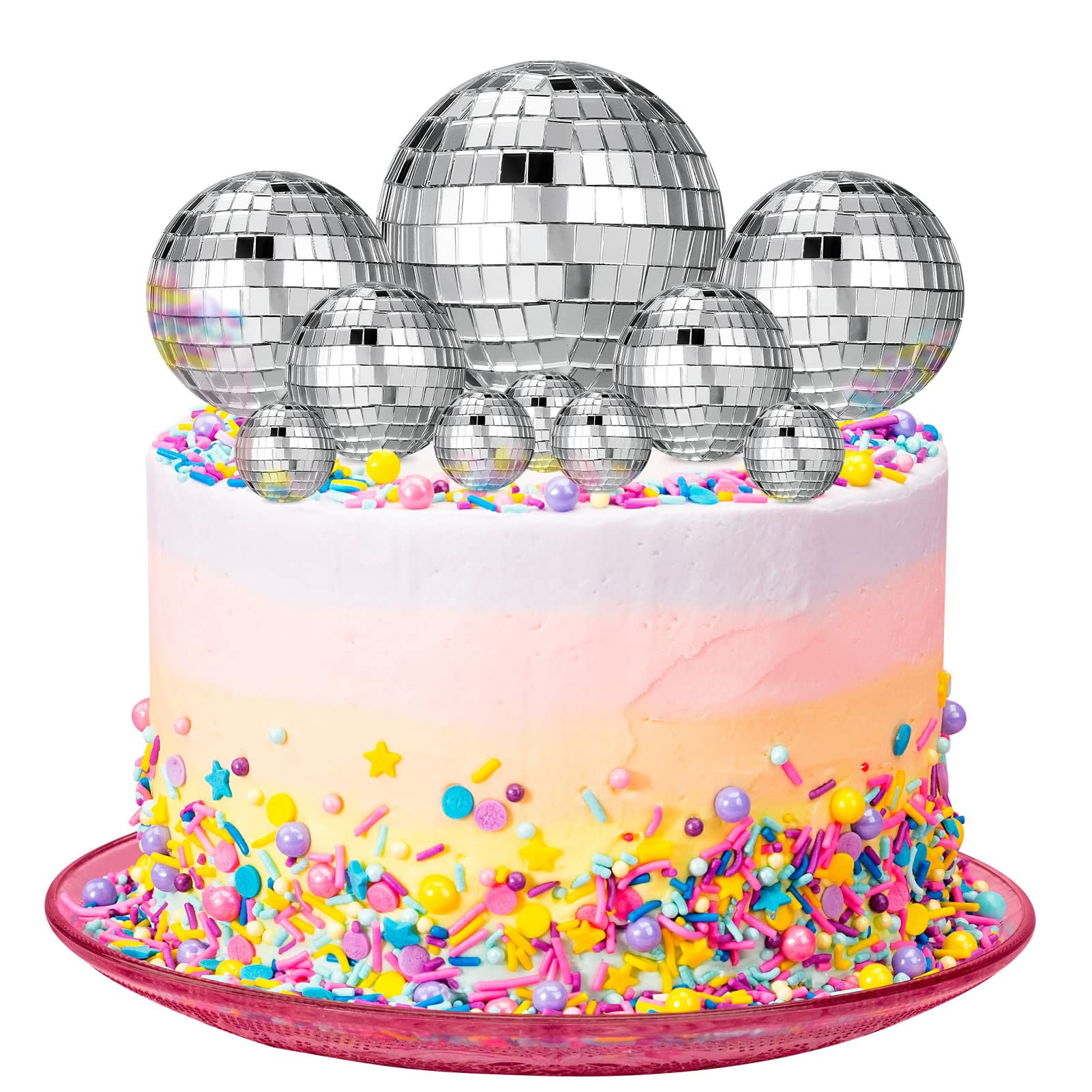 Yorgewd Disco Ball Cake Decorations, 10 PCS Disco Ball Cake Toppers Cupcake Toppers 1970s Disco Themed Cake Toppers for Disco Theme 70's Party Supplies (4 Size), Silver