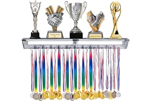 LAVIEVERT Gymnastic Medal Hanger with Storage Shelf, Wooden Wall-Mounted Trophy Shelf, Race Medal Display Rack Holder with 23 Hanging Bars