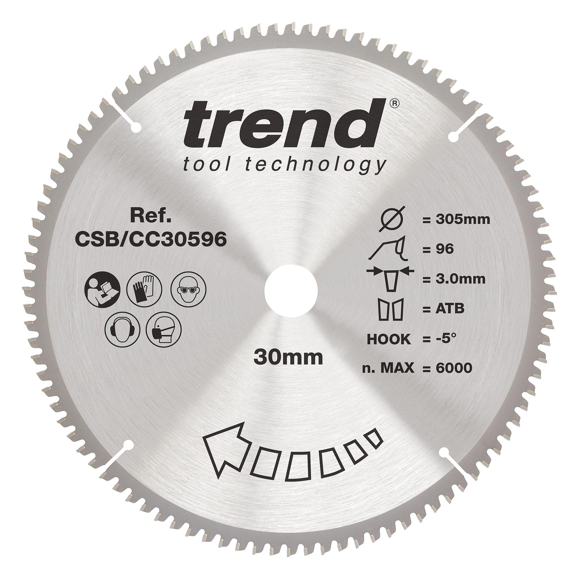 Trend Wood Mitre Saw Blade, 305mm Diameter, 30mm Bore, 96 Teeth, 3mm Kerf, -5° Hook, TCT, Extra-Fine Finish, CSB/CC30596