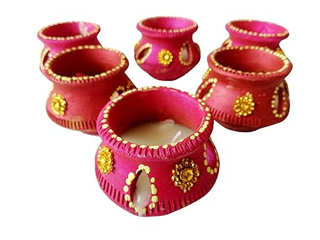 Indian Art & Crafts Handmade Traditional Big Matka/Matki/Handi Wax Clay Diya with Stone Work for Diwali Puja Pooja Terracotta/Deepak Diya Set of 6
