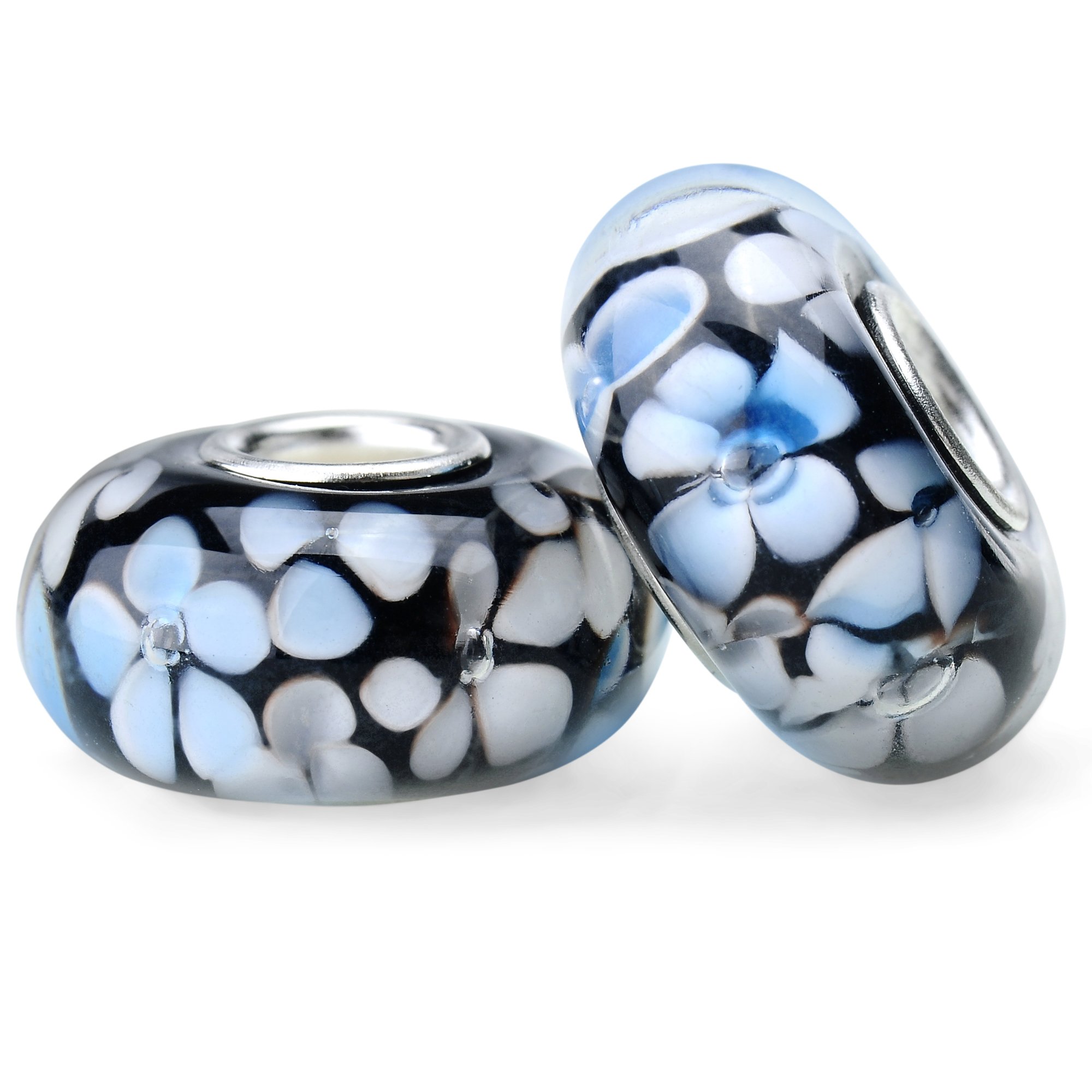 RUBYCA Floral Murano Glass Charm Beads Silver Colour Core fit European Bracelet Jewellery Making 6pcs