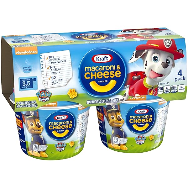 KRAFT NICKELODEON PAW PATROL MAC AND CHEESE, 4 CUPS, FOR EASY DINNER OR DINNER SIDES, ORIGINAL FLAVOR, NO ARTIFICIAL FLAVORS, PRESERVATIVES OR DYES, 1.9 OZ