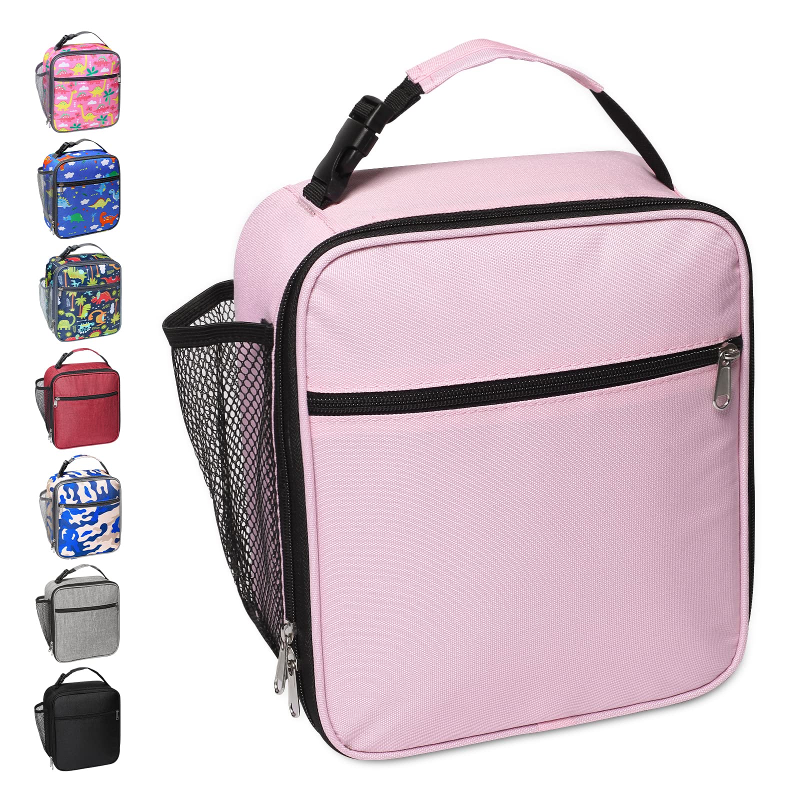 Apuucse Portable Insulated Lunch Bag with Side Mesh Pocket for Adults/Kids/Men/Women,Water-Resistant Leakproof Soft Cooler Bag Durable Thermal Lunch Box for Work/School/Picnic/Outdoor(Pink)