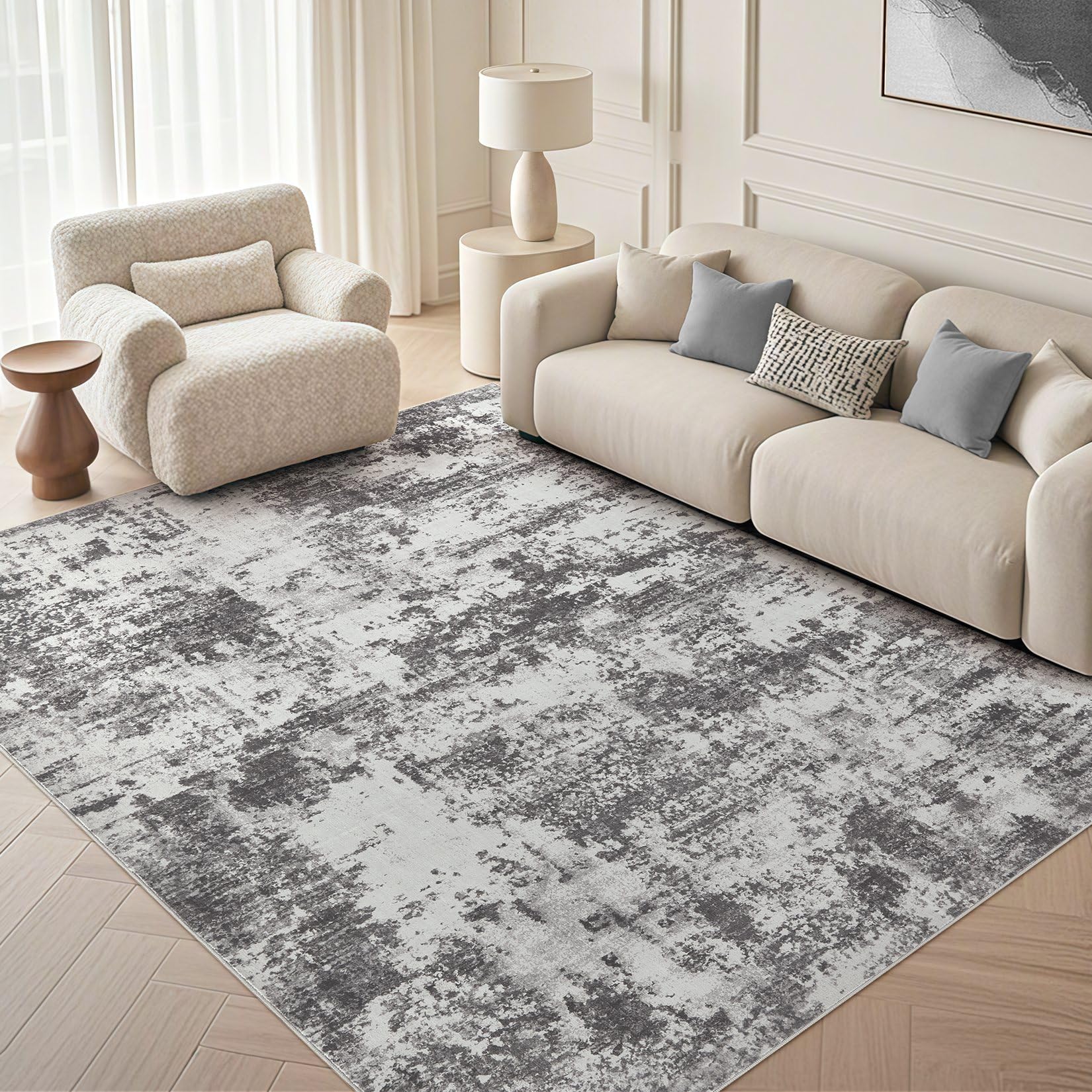 Photo 1 of Micgeek 5X7 Washable Area Rug - Abstract Modern Neutral Large Rug Foldable Soft Thin Non Slip Low Pile Indoor Carpet Living Room Bedroom Kitchen Dining Room Home Office Grey