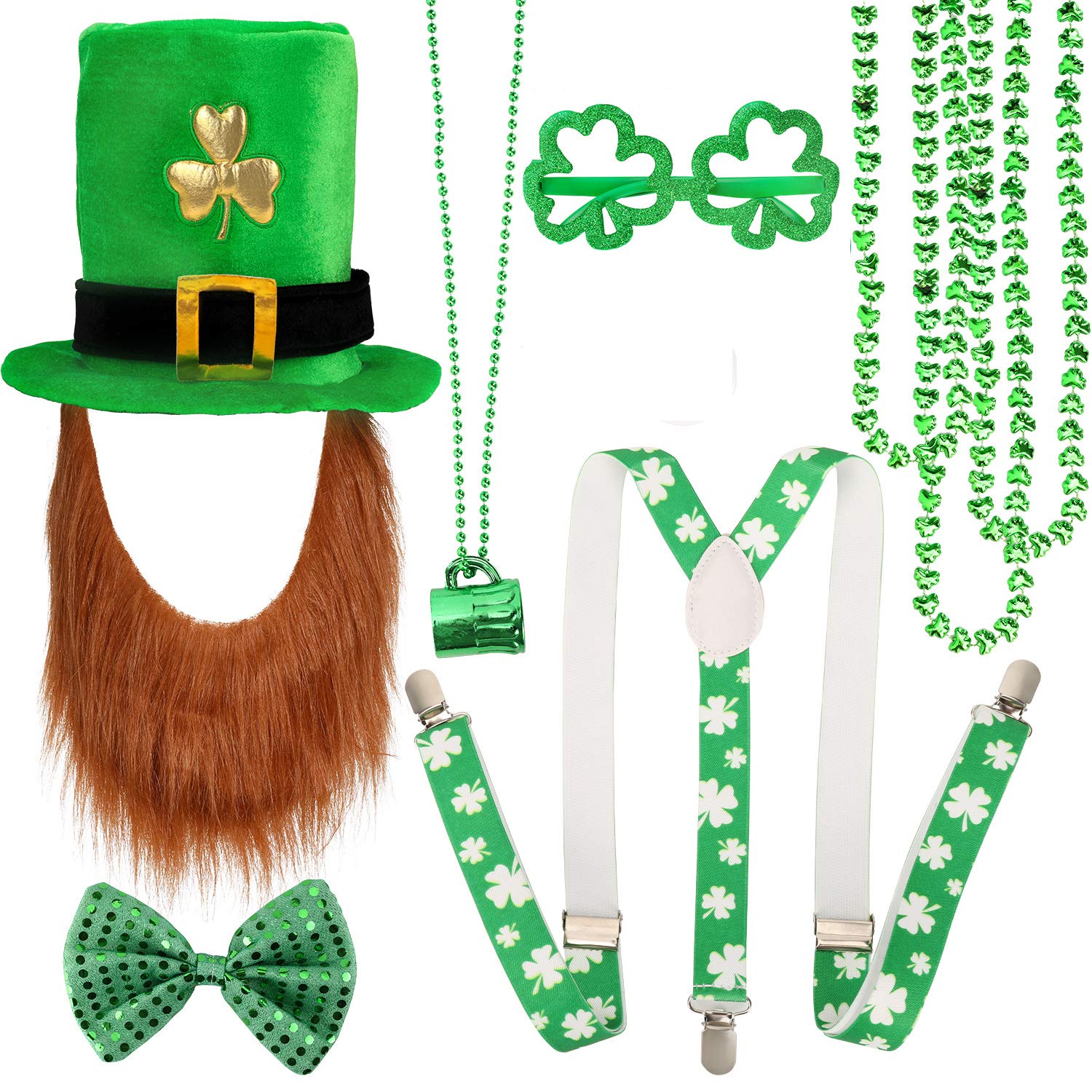 Qpout St. Patrick's Day Parade Costume Accessories Set,Shamrock Top Hat with Beard, Shamrock Necklaces, Bow Tie, Eyeglass, Suspenders Irish St. Patricks Day Party Favour Supplies Decoration