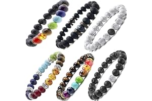 CMIDY Black Lava Stone 7 Chakra Bracelets, 8mm Yinyang Rock Bead Elastic Natural Gemstones Oil Diffuser Yoga Menditation Beads Bracelets for Men Women Girls Jewelry (6pcs)