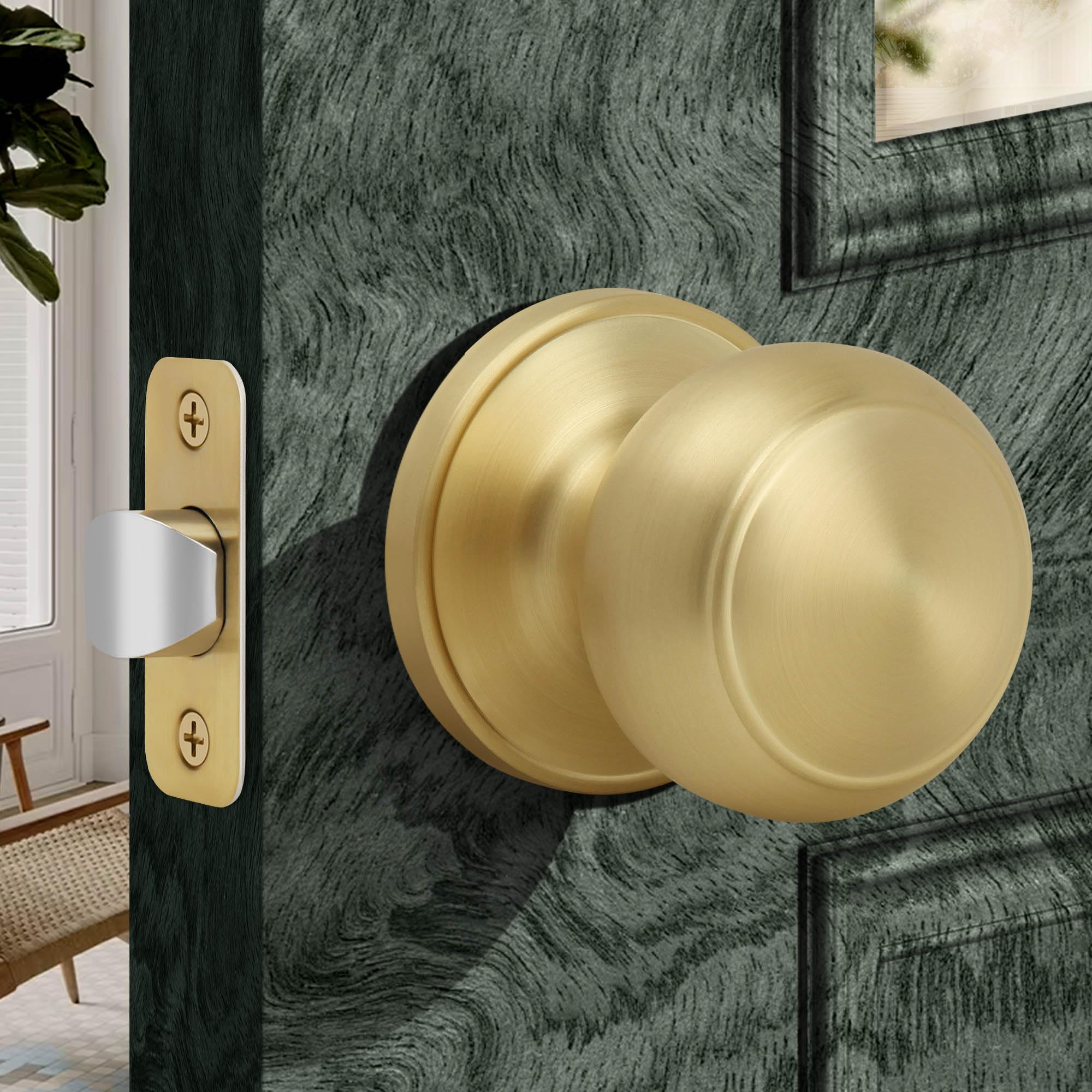 Photo 1 of Moquin Flat Ball Passage Brushed Gold Door Knob No Lock, Round Interior Door Knob in Satin Brass Finish, Non-Locking Doorknob Without Keys for Hallway Closet