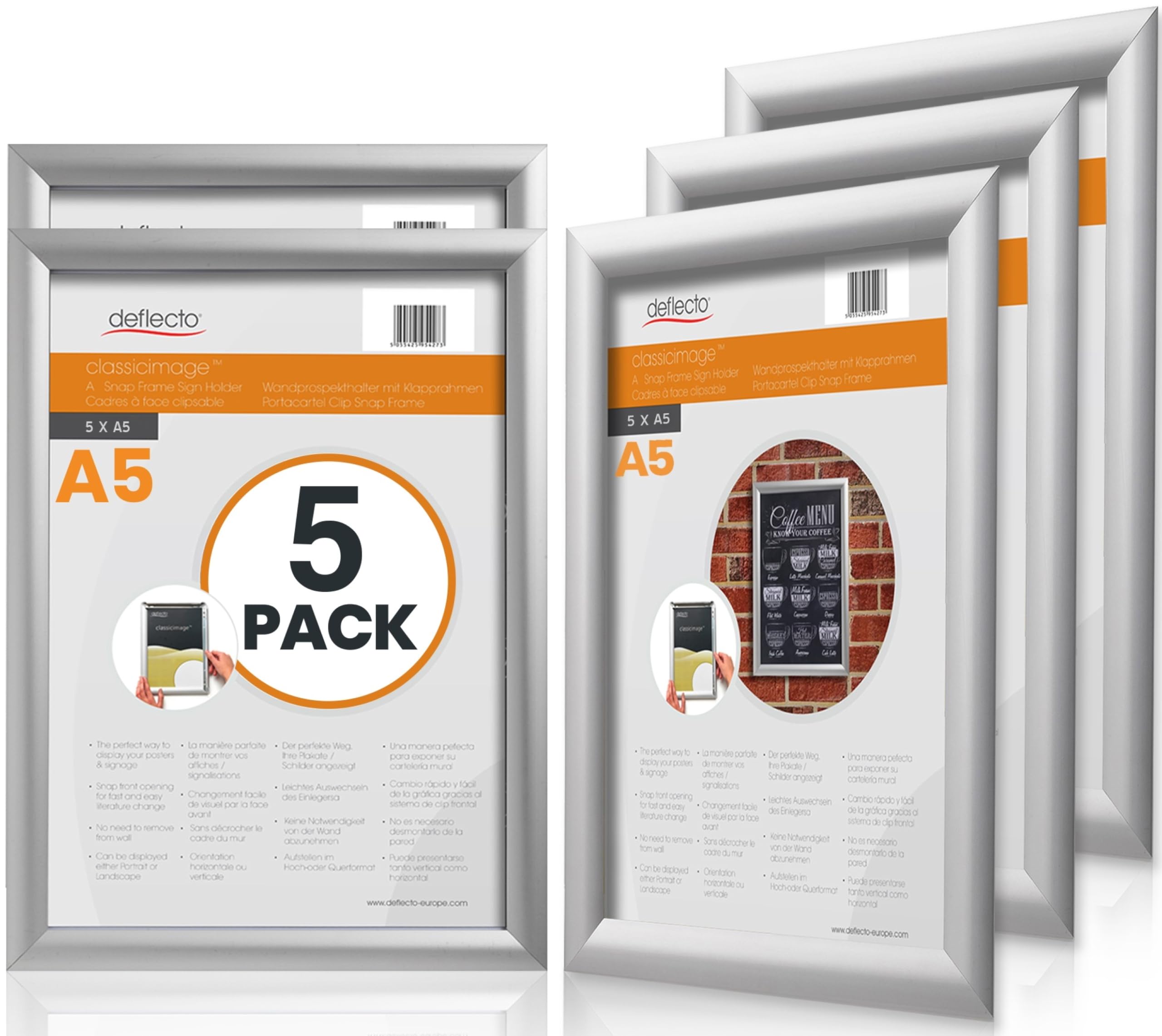 Deflecto Pk 5 x A5 Snap Frame Silver - Aluminium Clip Frames - Wall Mount Picture Frames - Posters Display Holder - Front Opening Picture Frame Clips