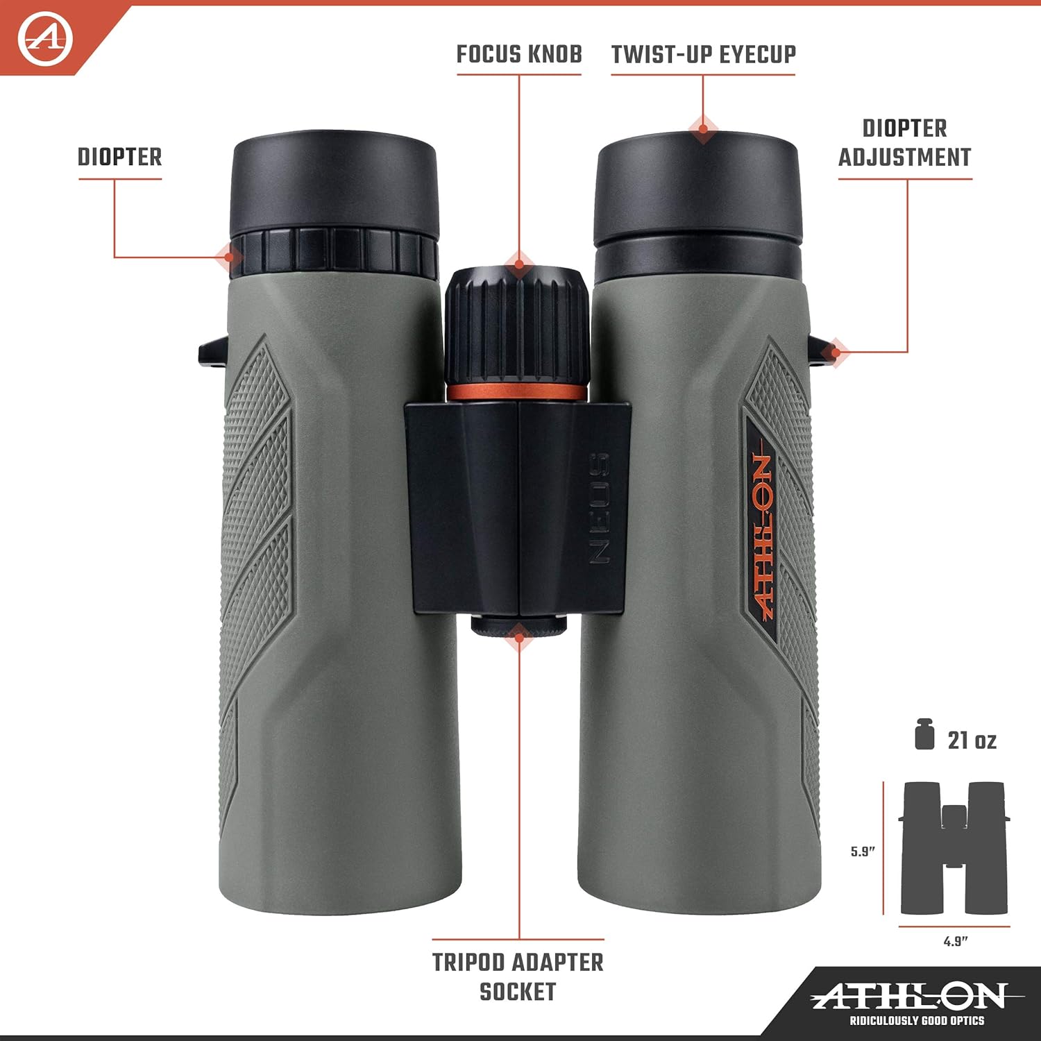 Athlon Optics Neos G2 HD Binocular - 8x42, Gray, Black: Sports & Outdoors