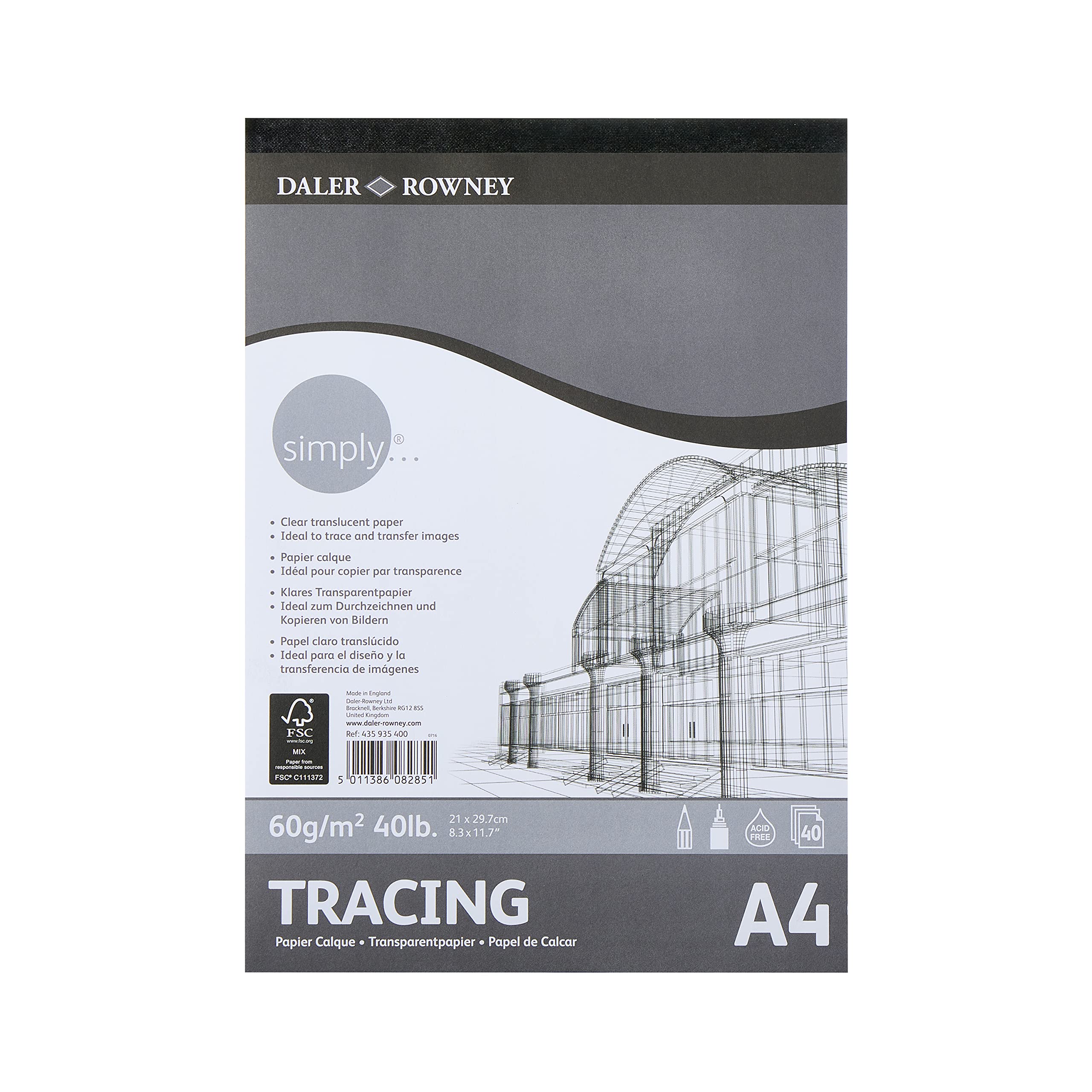 Daler-Rowney Simply Smooth Surface 60gsm A4 Tracing Paper Pad, Glued 1 Side, 40 Sheets, For Entry-Level Artists & Hobbyists