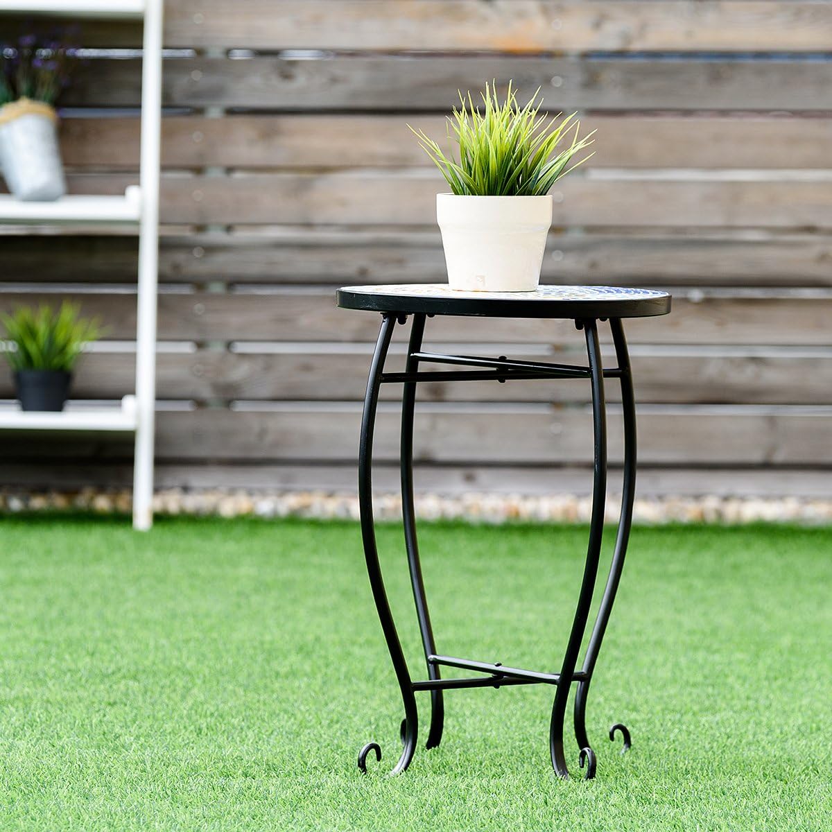Giantex Mosaic Round Side Accent Table Patio Plant Stand Porch Beach Theme Balcony Back Deck Pool Decor Metal Cobalt Glass Top Indoor Outdoor Coffee End Table(Navy): Garden & Outdoor