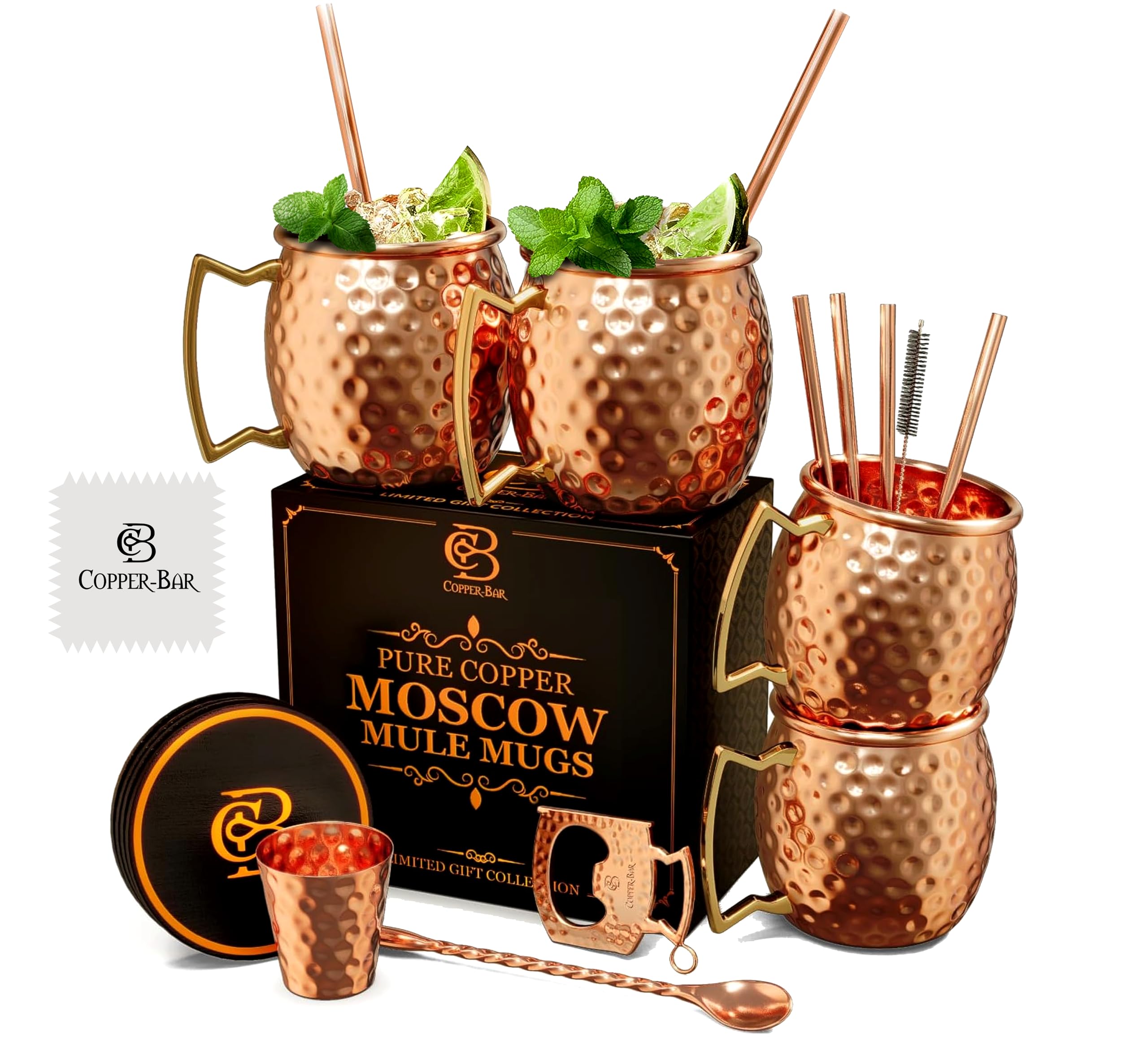 Photo 1 of COPPER-BAR Moscow Mule Copper Mugs - Unique HANDCRAFTED Gift Set of 4, Hammered by Artisan, 100% Pure Solid Copper Cups 16oz for Drinking Water & Cocktails, Include 19 Pcs accessories & Special Opener