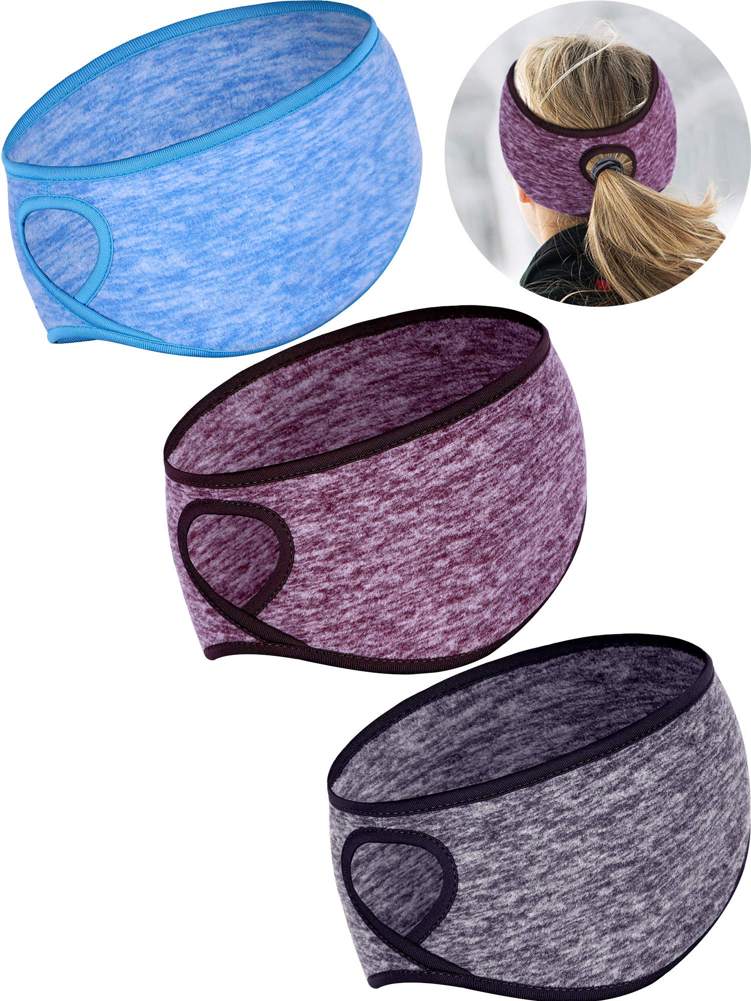 Tatuo 3 Pcs Fleece Ponytail Ear Warmers Headband Winter Running Headband Ear Muffs Ear Covers for Women Adult Outdoor Sports and Fitness Running Cycling Ski Cold Weather
