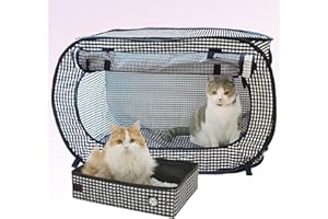 Necoichi Stress-Free Enclosure Cat Travel Carrier Cage 31.8" L x 20.0" W x 20.0" H with Litter Box Set Collapsible Gray White Stripes | Pop up Kannel, Crates