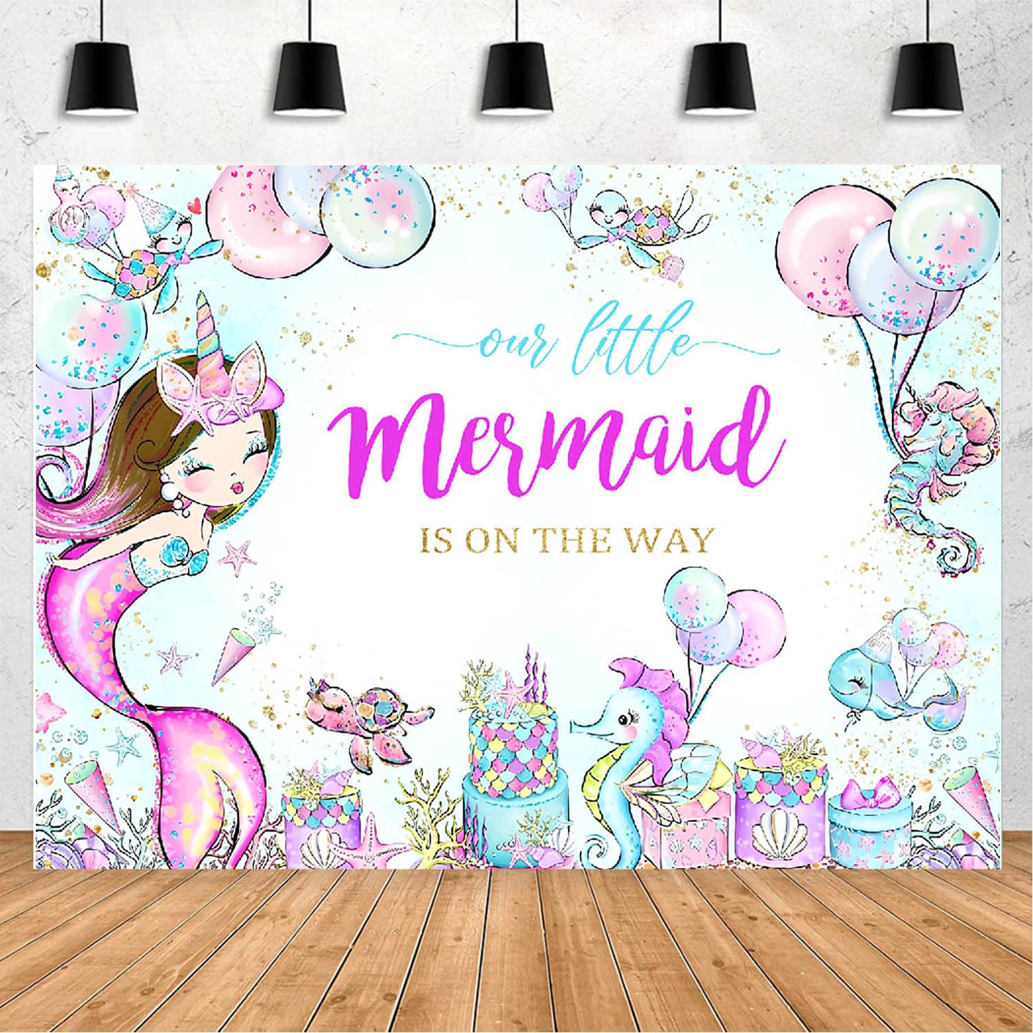 Photo 1 of MAYSSKQ Mermaid Baby Shower Backdrop Purple Teal Mermaid Princess 7x5ft Vinyl Backdrop with Stand, Clips, Rod Pocket