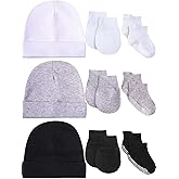 Baby Hats Mittens and Socks Set Unisex Cotton Beanie Cap and Scratch Mitten Non-Slip Baby Ankle Socks for Boys and Girls