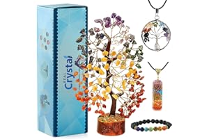 REAL CRYSTAL Seven Chakra Healing Crystal Tree Kit with 7 Chakra Bracelet and 2 Pendant Necklace - Gemstones Money Bonsai Tree Decor for Spiritual Good Luck Gift, Birthday Gift for Women, Men, Home, Office