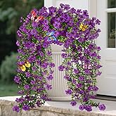 ONEANU 2 Packs Outdoor Artificial Hanging Flowers with 3D Magnetic Butterflies, UV Resistant Faux Silk Blooms for Spring Summer Porch Patio Balcony Decor, Violet