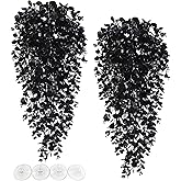 Hamiledyi Reptile Plants, 2 Pack Hanging Terrarium Plants, Artificial Leaves Habitat Decorations with Suction Cup, Fake Amphibian Plants for Bearded Dragon Lizard Hermit Crab Geckos Chameleon(Black)