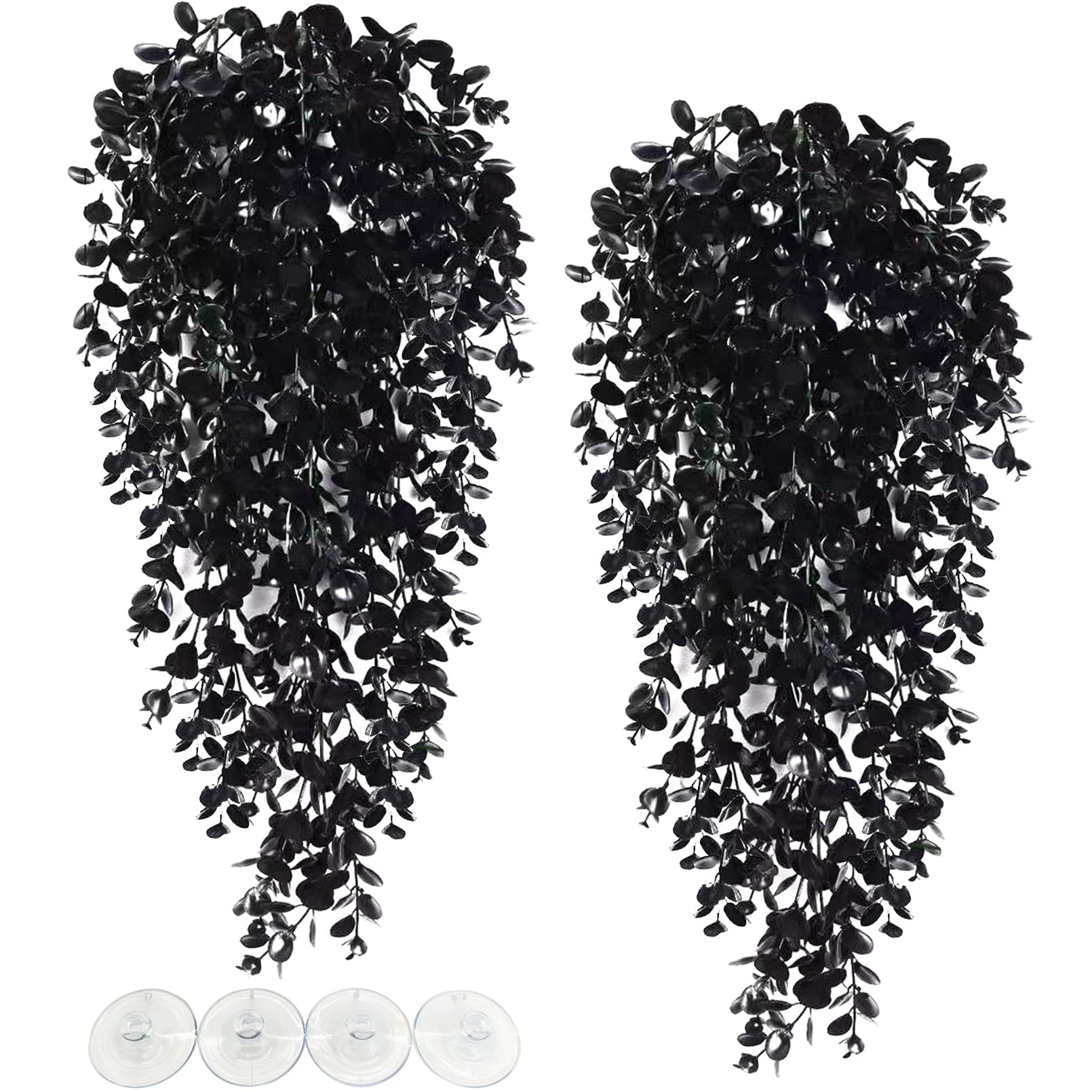 Photo 1 of Hamiledyi Reptile Plants, 2 Pack Hanging Terrarium Plants, Artificial Leaves Habitat Decorations with Suction Cup, Fake Amphibian Plants for Bearded Dragon Lizard Hermit Crab Geckos Chameleon(Black)