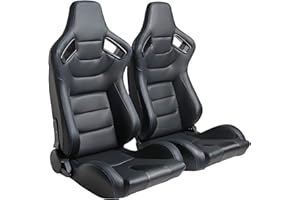 Jiabeir Racing Seats, 2PCS Universal Bucket Seats, Blue Stitch Black PVC Leather Reclinable With Double Slider (Not Including Seat Bracket)