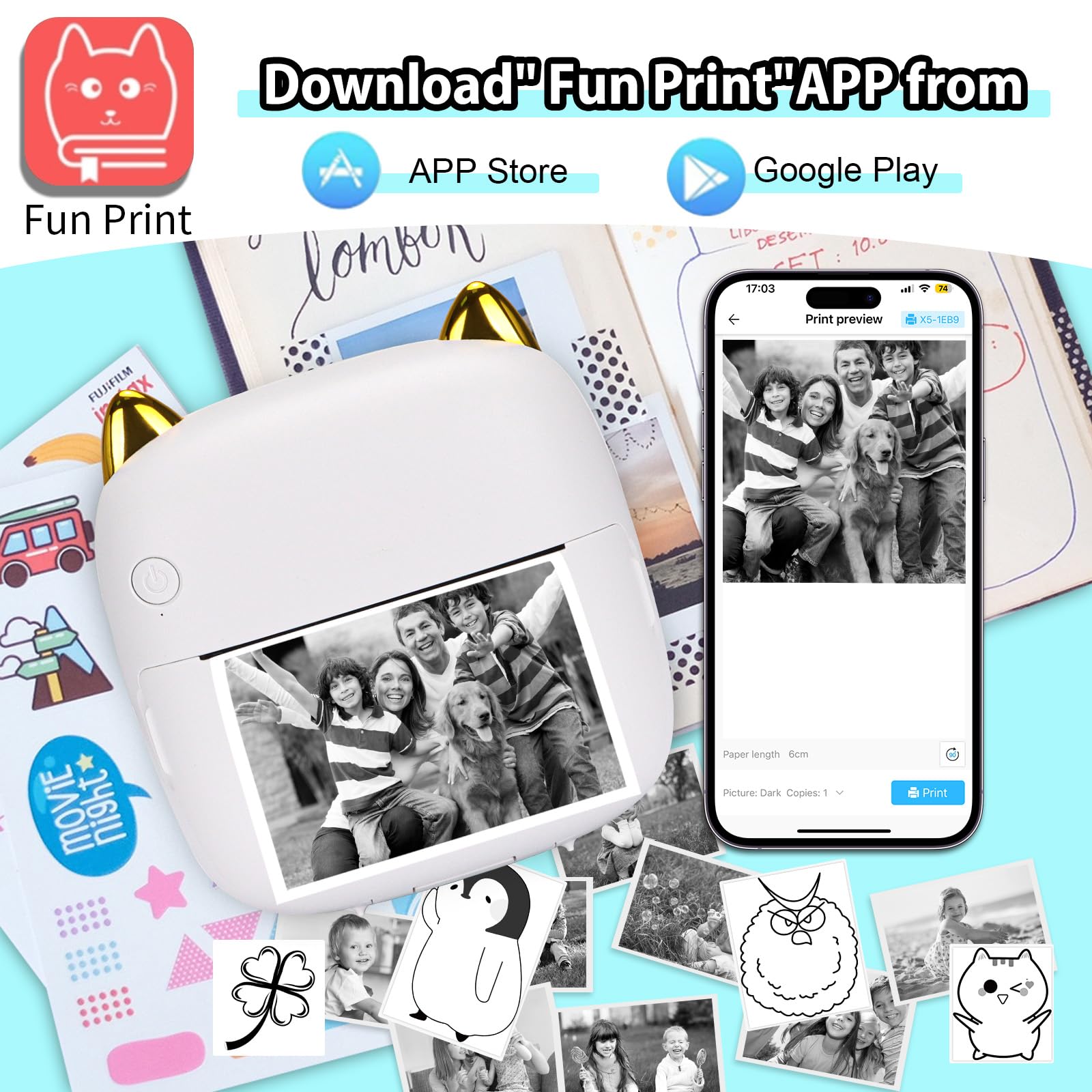 HuiJuKeJi Mini Sticker Printer Pocket Inkless Thermal Printer with RGB Light for iOS&Android, 10 Rolls Thermal Paper and Sticker, Bluetooth Smart Portable Receipt Printer for Photo Journal Notes Memo