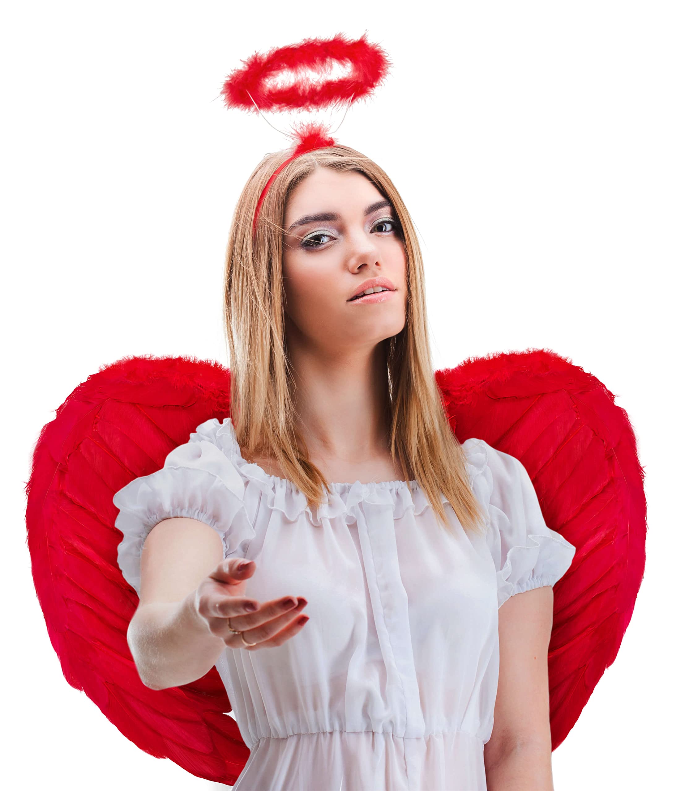 Balinco Set with angel wings + angel headband | angel wings | headband | angel wings | cupid | feather wings | Christ child as accessory for ladies costume Halloween | carnival | theme party (red)