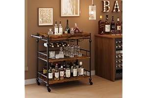 GARVEEHOME Bar Cart, Bar Carts for The Home, 3 Tier Serving Cart With Wheels, Home Bar & Serving Carts, Metal Rolling Cart With Wine Rack & Removable Tray for Kitchen, Dining Room, Living Room-Retro Brown