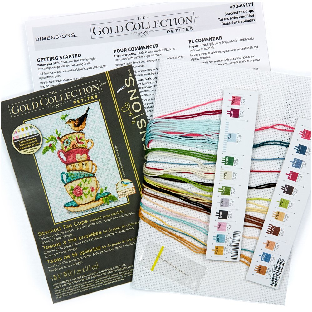 Dimensions 70-65171 Gold Collection Stacked Tea Cups Advanced Counted Cross Stitch Kit, 18 Count White Aida, 7