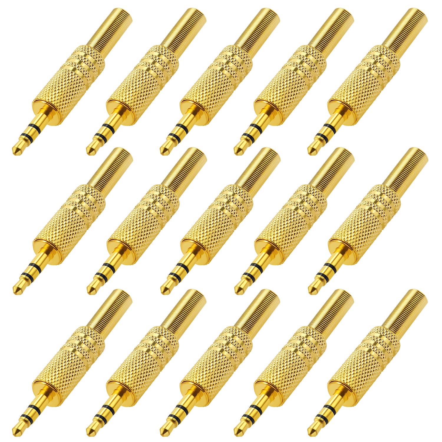 KUOQIY 15 PCS 3.5mm 3 Pole TRS Male Plug, Metal Audio Soldering Headphone Jack Plug with Spring, Metal Audio Soldering Adapter Converter, for Headphone Headset Earbud Earphone, Gold-Plated
