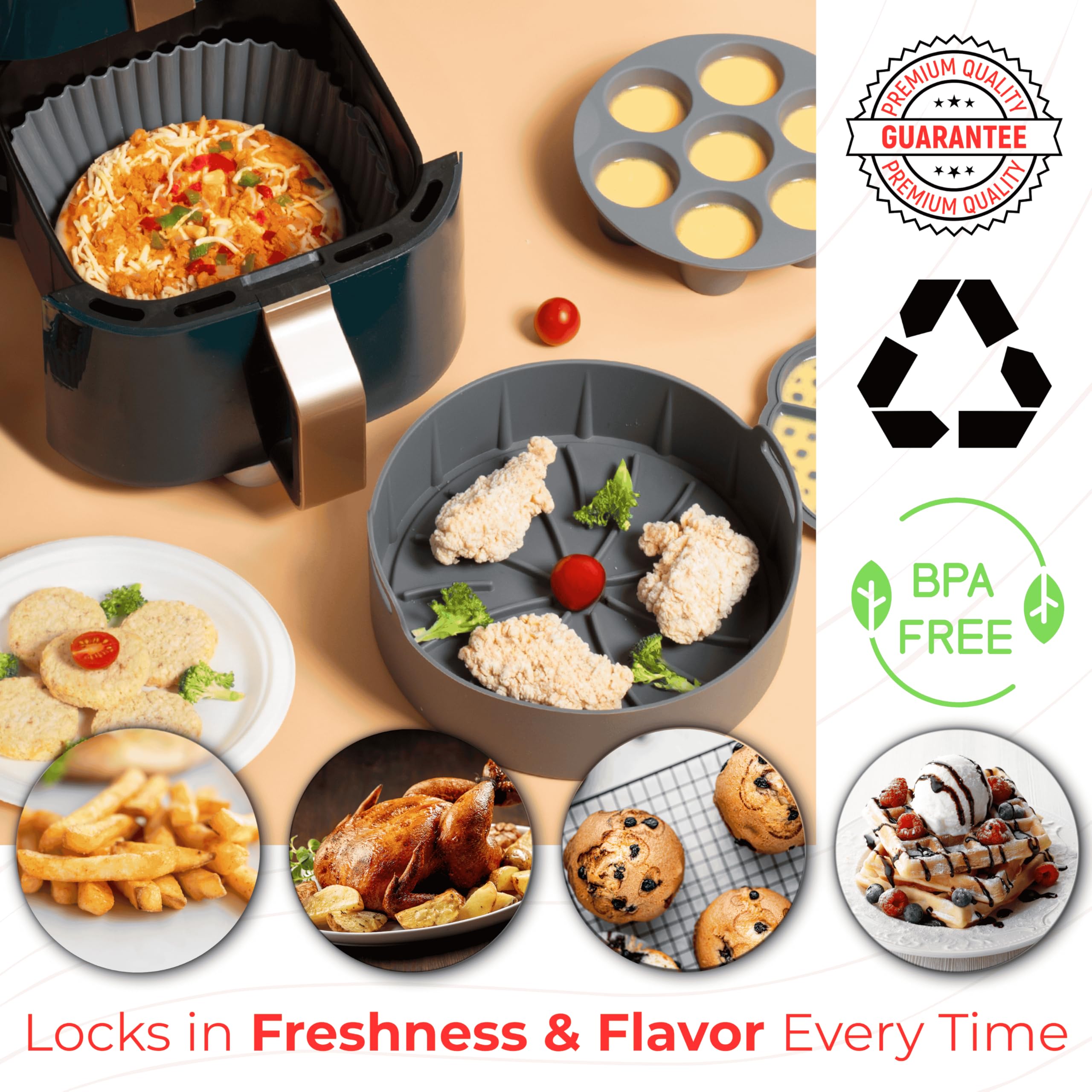 EM Silicone Air Fryer Liners Set of 5 – Reusable Air Fryer Liners Silicone with Egg Bite Mold, Oven Mitts – Fits 3–5 Qt Non-Stick, Food-Grade, Heat-Resistant