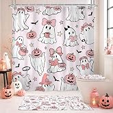 Pink Halloween Shower Curtain Set 4Pcs Bow Ghost Bathroom Set with Rugs | Cute Funny Preppy Girly Pumpkin Coquette Toilet Lid Cover,Non-Slip Rugs and U-Shaped Mat with 12 Hooks for Bathroom Decor