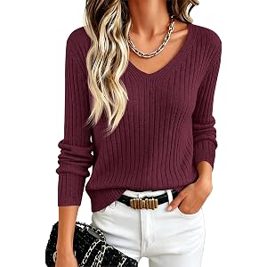 ANRABESS Women's Long Sleeve V Neck Ribbed Sweaters Shirts | Slim Fit Tops, Lightweight Soft Knit Pullover, Business Casual O