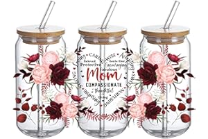 DTHOME3 UV DTF Glass Cup Wrap Transfer - Mom Loving Beloved Caring Wise Sweet Giving UVDTF,Sublimation Design Floral Waterproof Decal for 16oz Glass Cups, DIY Crafts Gifts for Women -3PCS