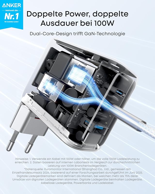 100W USB C Ladegerät, Smart Ladegerät, kompaktes 3-Port GaN Netzteil