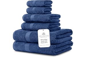 VILLA CELESTIA 100% Combed Cotton Bathroom Towel Set of 6- 2 Bath Towels, 2 Hand Towels, 2 Wash Cloths, Sustainable, Soft, Highly Absorbent 6 Piece Cotton Bath Towel Set for Hotels, Spa, Bathroom, Dorm, Navy Blue