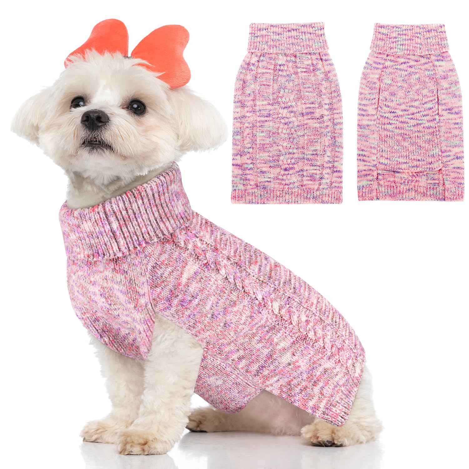 SlowTon Small Dog Sweater - Turtleneck Classic Cable Knitted Doggie Knitwear with Leash Hole,Winter Warm Pet Pullover Clothes for Puppy Small Medium Dogs
