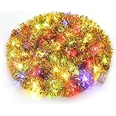 CCINEE Golden Tinsel Garland with 33 Ft Hanging LED String Lights - 100 Multicolored Battery Operated Lights for Christmas Tree Decoration