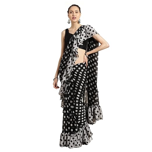 Womanista Crepe with Blouse Piece Saree (FS9923_Black & Grey_OneSize)