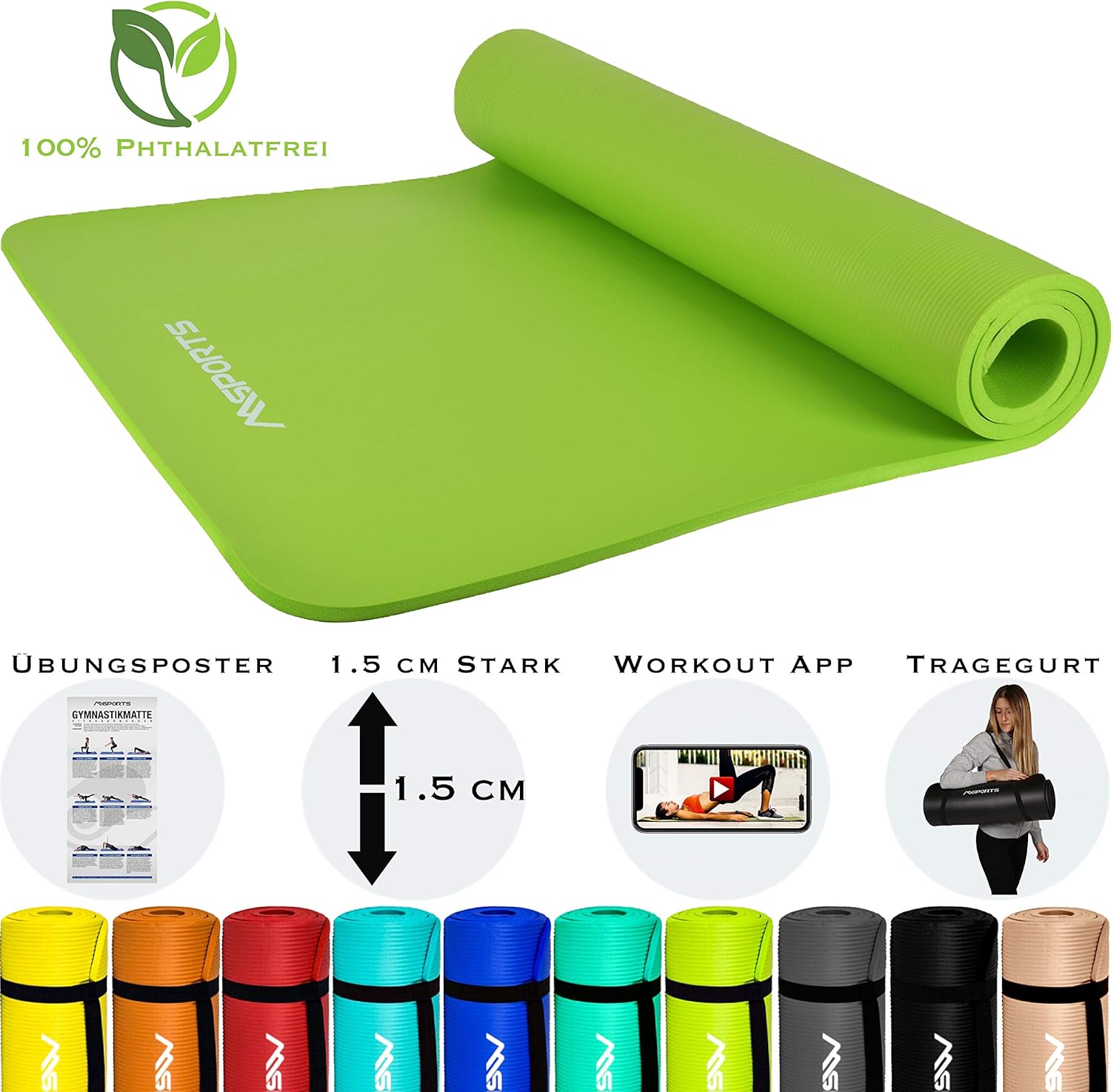 MSPORTS Gymnastikmatte Premium inkl. Tragegurt + Übungsposter + Workout App I Hautfreundliche Fitnessmatte 190 x 60, 80 oder 100 x 1,5 cm - versch. Farben Phthalatfreie Yogamatte