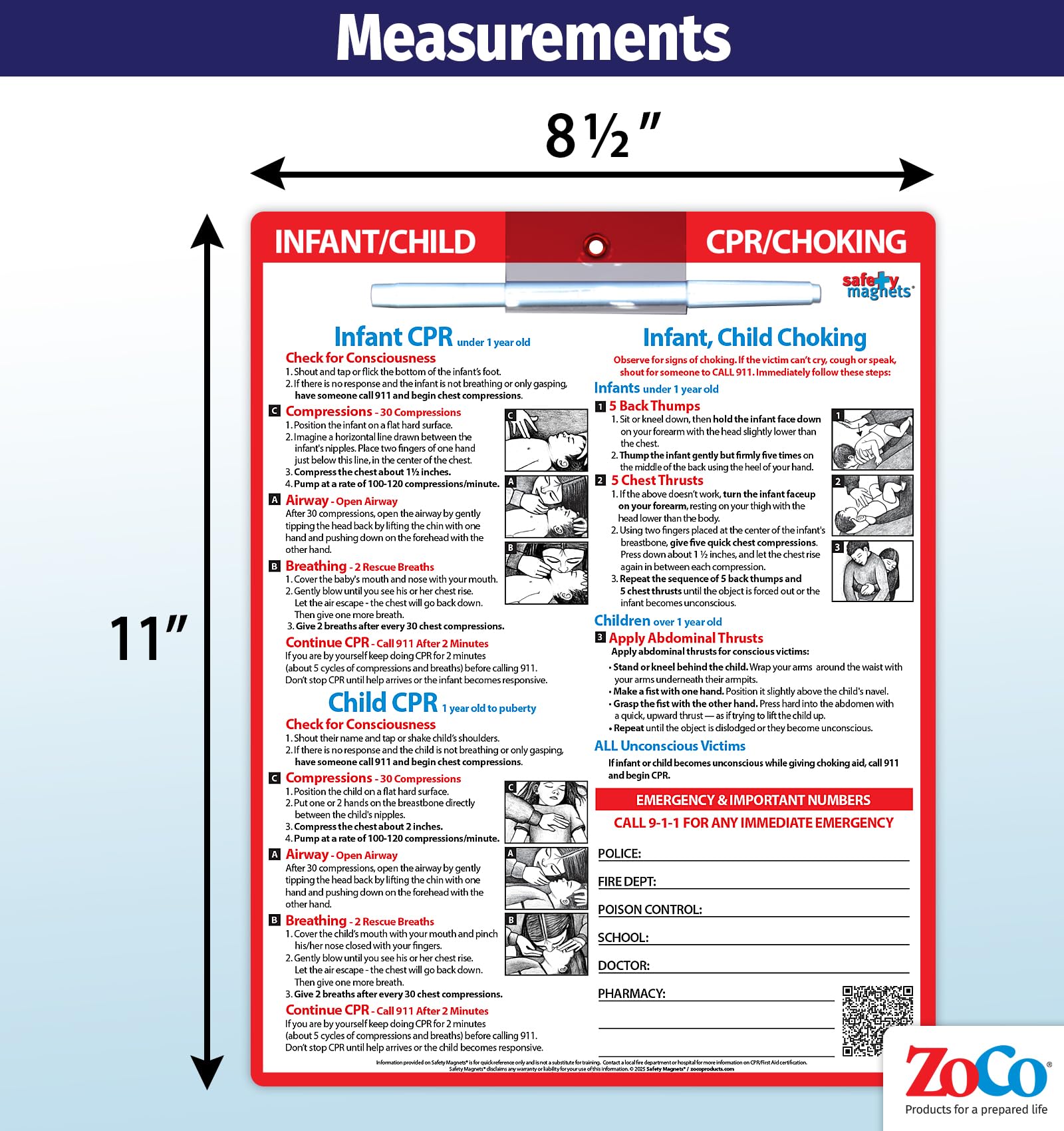 ZOCO – Baby First Aid Chart, Infant & Child CPR & Choking Magnet – Emergency Numbers Laminated Fridge Card – First Aid, Heimlich Maneuver Steps for Parents, School Nurse, Daycare