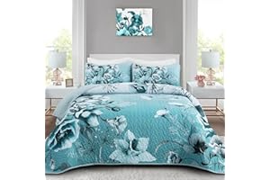 Drucon Blue Floral Quilt Set King Size 3 Pieces Boho Flower Quilt Coverlet Set Soft Microfiber Lightweight Floral Quilted Bedspread with 2 Pillow Shams for All Season 90"x104"