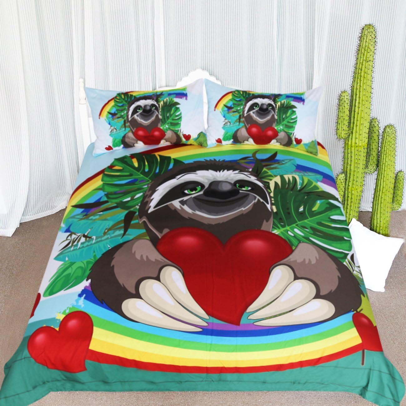 ARIGHTEX Rainbow Sloth Duvet Cover, Romantic Red Love Heart and Green Leaves Bed Set, 3 Piece Cute Animal Bedding for Kids Couples (King)