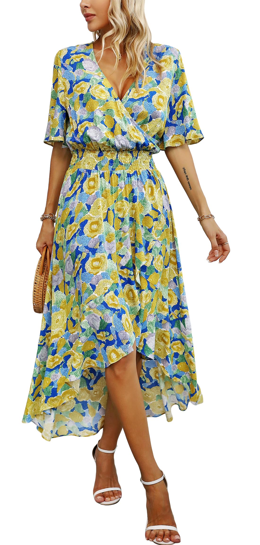 Photo 1 of ** USED** Kormei Womens Short Sleeve Floral Maxi Dress High Low V-Neck Flowy Party Long Dresses XL Blue/Yellow Floral