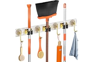 Crosize Transparent Acrylic Broom Holder Mop Hanger Wall Mount, Tools Organizer, 3 Racks and 4 Hooks, Metal Gold