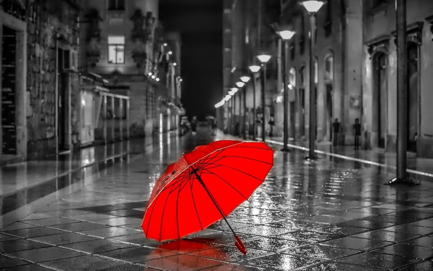 RED COLOR POP UMBRELLA IN A BLACK AND WHITE STREETSCAPE A1 CANVAS ART