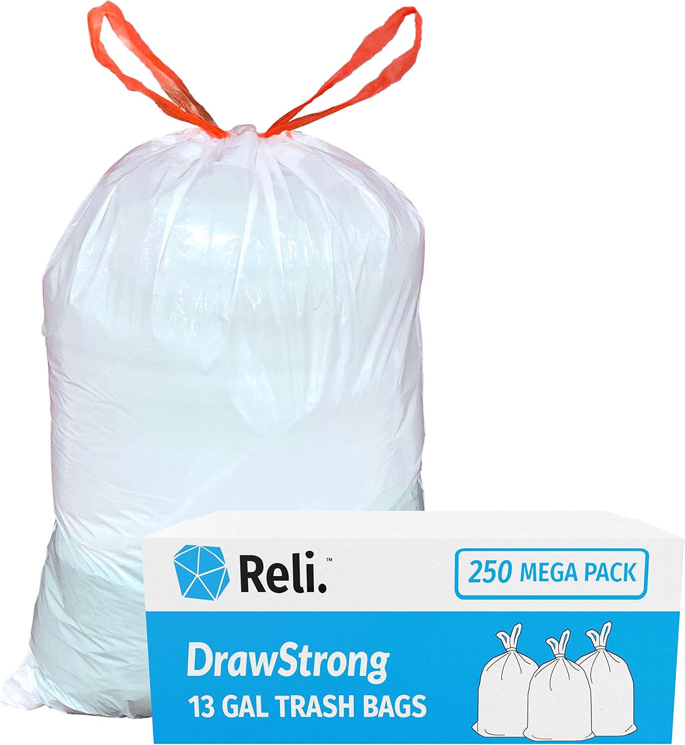 Reli. Tall Kitchen Trash Bags 13 Gallon Drawstring (250 Count) Kitchen Tall Drawstring Garbage Bags 13 Gallon - 16 Gallon Capacity - White Tall Kitchen Garbage Bags 13 Gal, Quick Tie Drawstrings