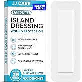 JJ CARE Adhesive Island Dressing [Pack of 25], 4” x 10” Sterile Bordered Gauze, Breathable Island Wound Dressing, Individually Wrapped Adhesive Gauze Bandages with Non-Stick Central Pad